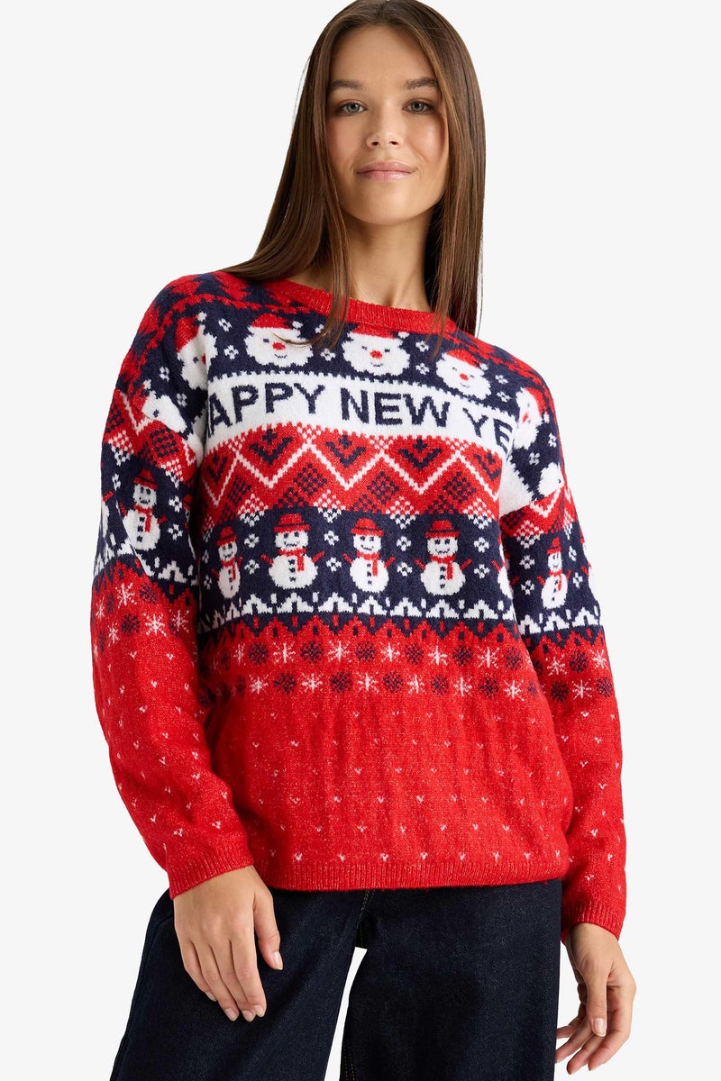 DeFacto Red Woman Christmas Themed Regular Fit Color Block Pullover Casual - Image 2
